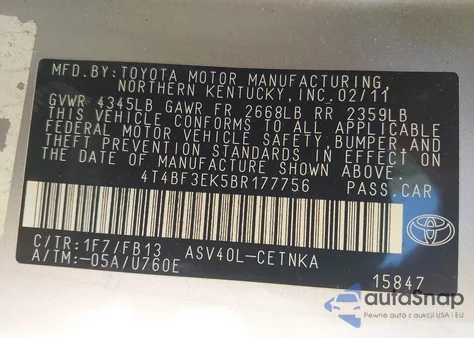 2011 Toyota Camry Le z USA, uszkodzony, nr VIN 4T4BF3EK5BR177756